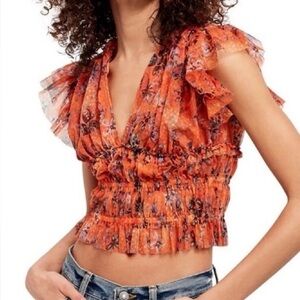 Free People Orange Tulle Blouse sz M